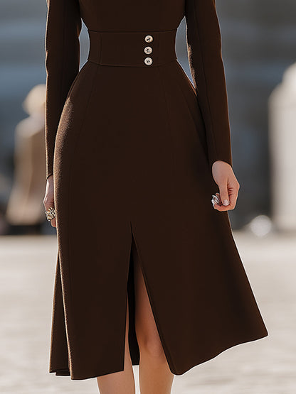 Button-Waist Long Sleeve Midi Dress In Espresso Brown