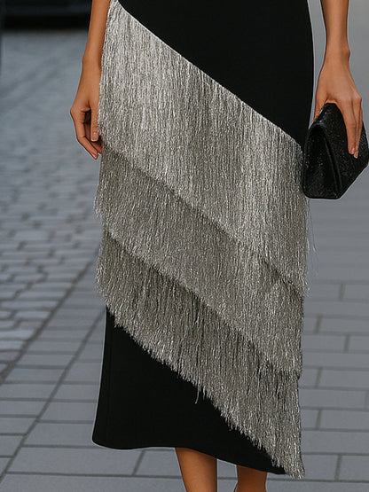 Elegant Fringe Panel Asymmetric Midi Dress Evening Dress Wedding Guest Dresses