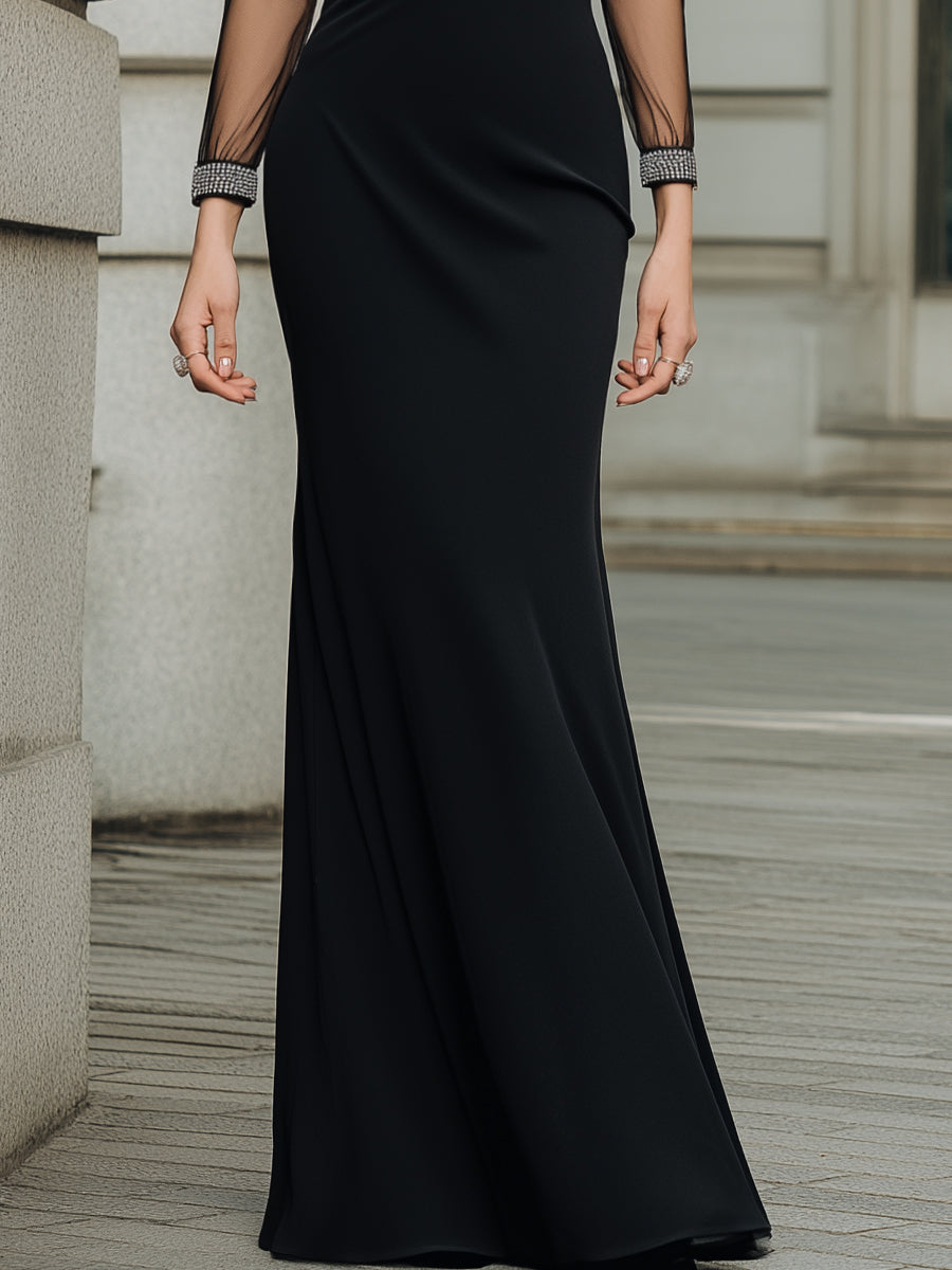 Sheer-Sleeve Colorblock Trim Fitted Evening Gown
