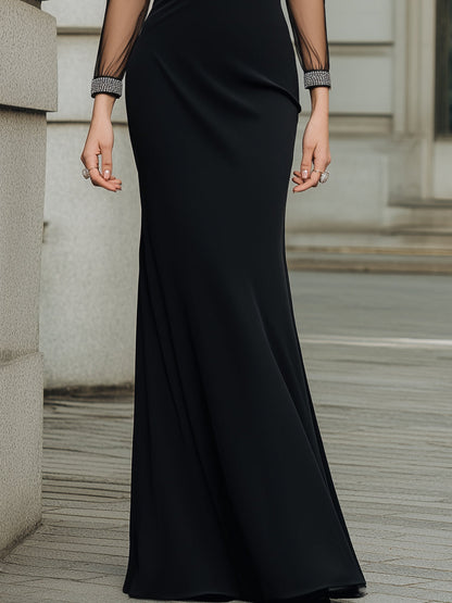Sheer-Sleeve Colorblock Trim Fitted Evening Gown