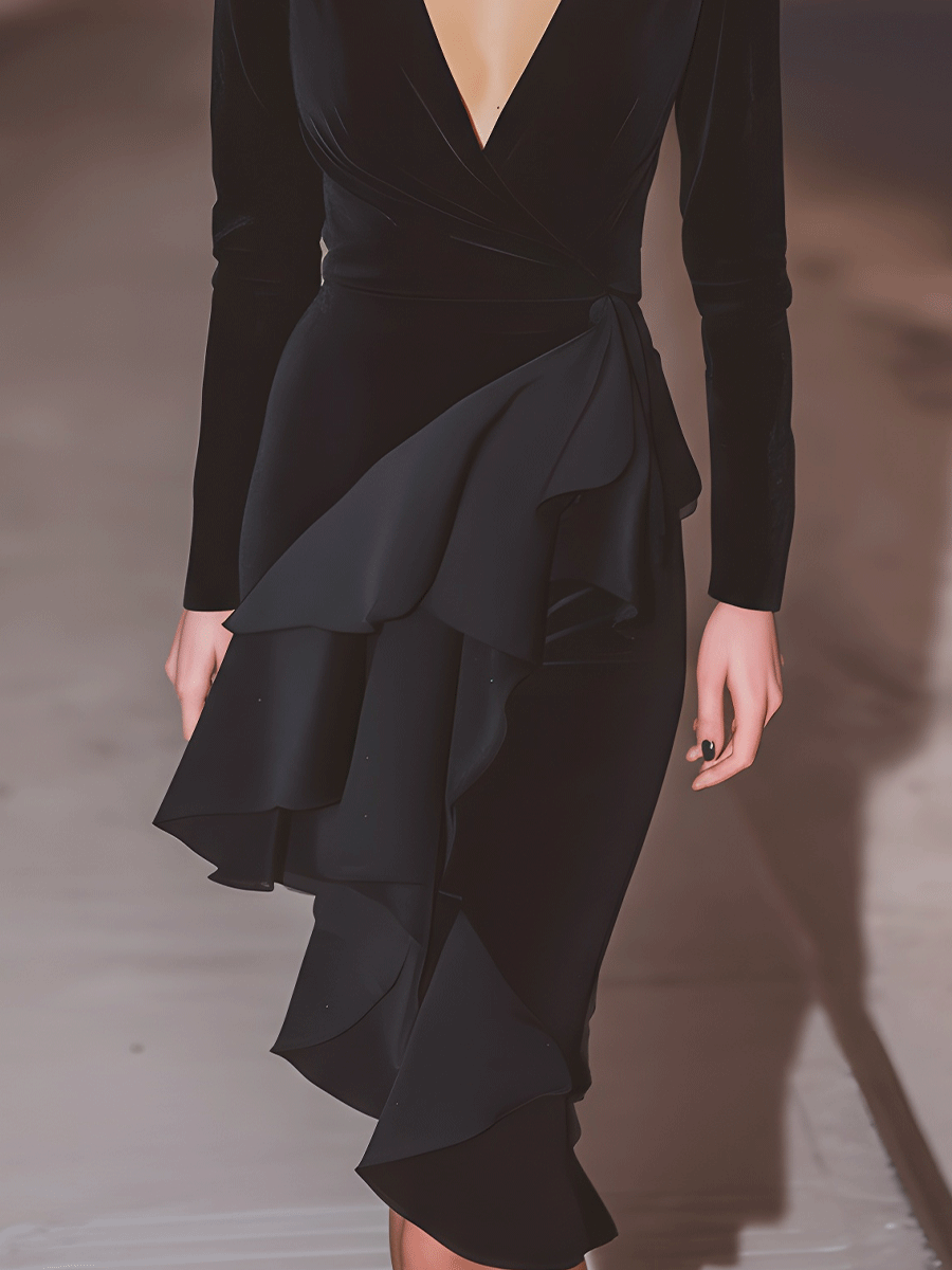 Black Velvet Wrap Dress With Cascading Ruffles