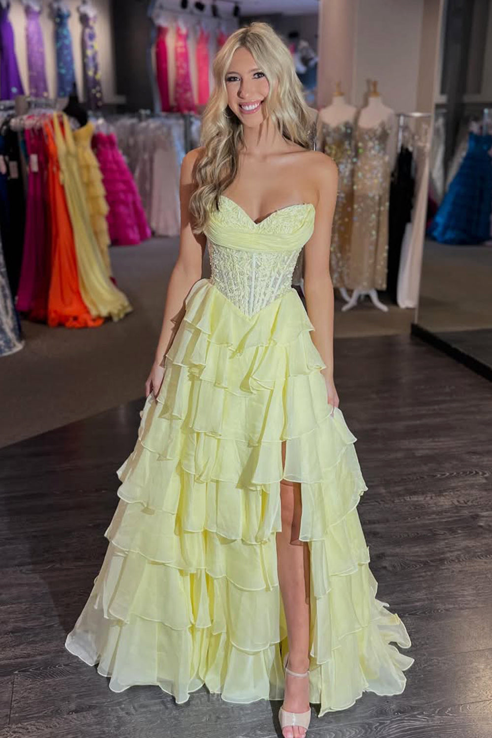 Cute A Line Sweetheart Daffodil Chiffon Tiered Prom Dress with Appliques