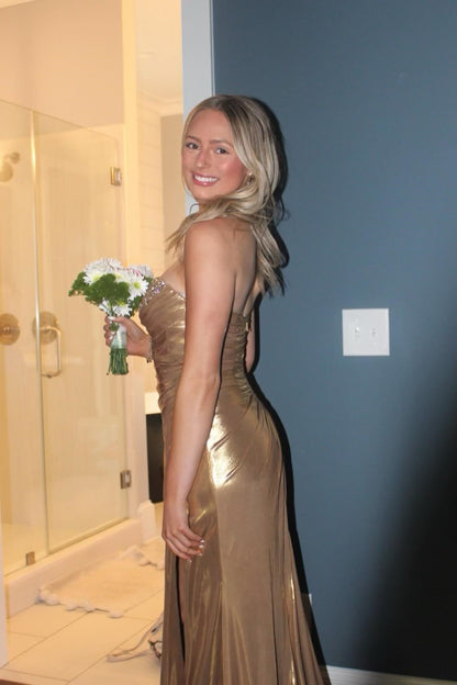 Beaded Gold Metallic Ruched Long Formal Dress