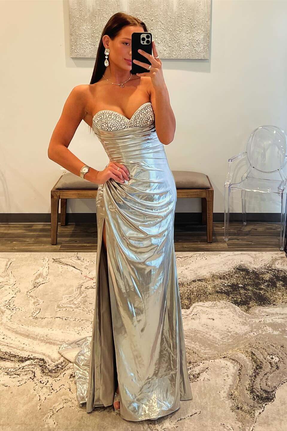 Beaded Gold Metallic Ruched Long Formal Dress