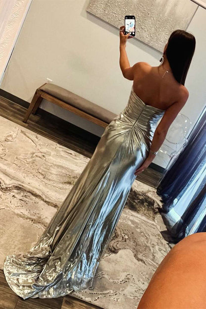 Beaded Gold Metallic Ruched Long Formal Dress