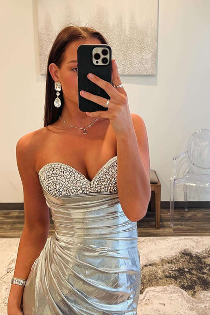 Beaded Gold Metallic Ruched Long Formal Dress