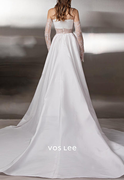 Long Sleeve Lace Spaghetti Straps Square Mermaid Prom Dresses with Court Train