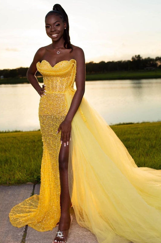 Newest Yellow Sweetheart Sheath Side Slit Tiered Prom Dress