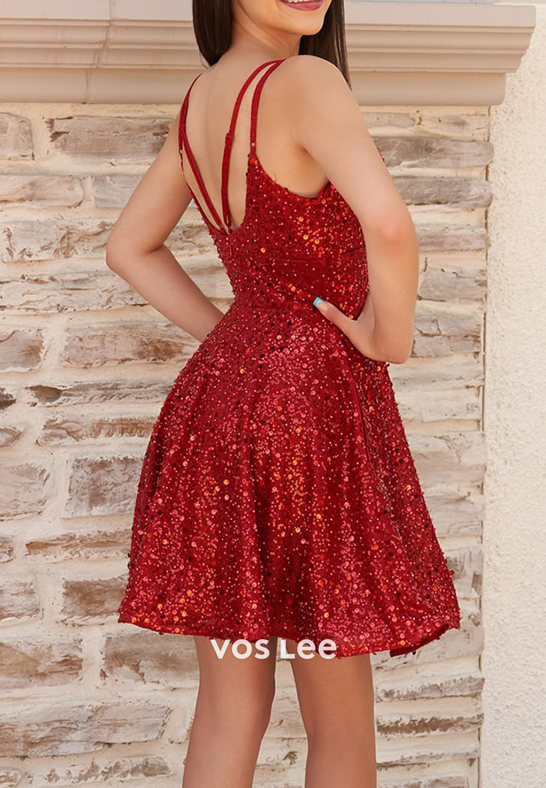 A-Line Spaghetti Straps V Neck Fully Sequined Homecoming Dresses