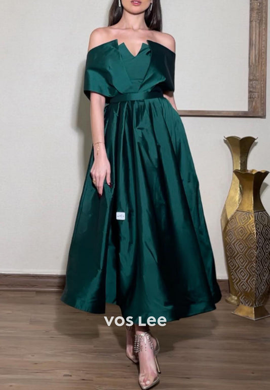 A-Line Off the Shoulder Green Pleated Ankle-Length Evening Dresses