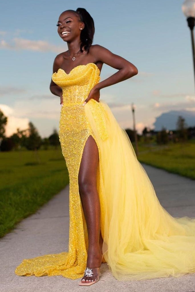 Newest Yellow Sweetheart Sheath Side Slit Tiered Prom Dress