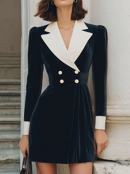 Black Velvet Contrast-Lapel Double-Breasted Blazer Dress