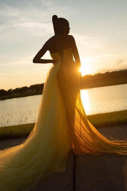 Newest Yellow Sweetheart Sheath Side Slit Tiered Prom Dress