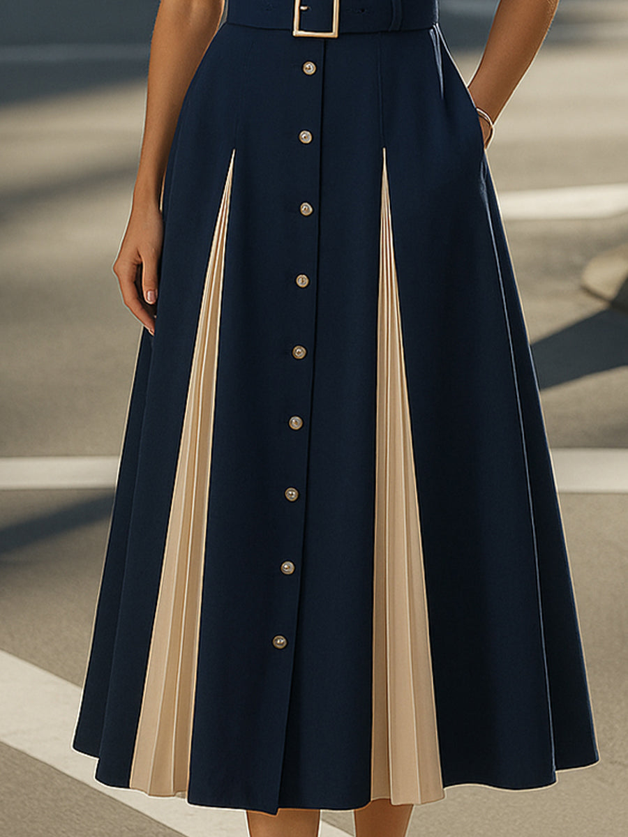 Chic Belted Midi Dress With Contrast Pleated Panels