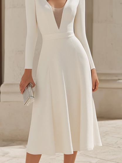 Long Sleeve Deep V Midi Dress With Sheer Panel