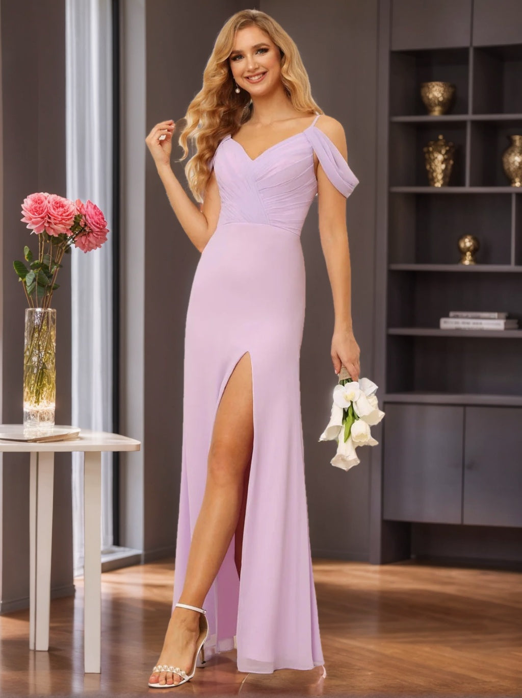 Spaghetti Straps Off-the-Shoulder Floor-Length Bridesmaid Dresses with Split Side
