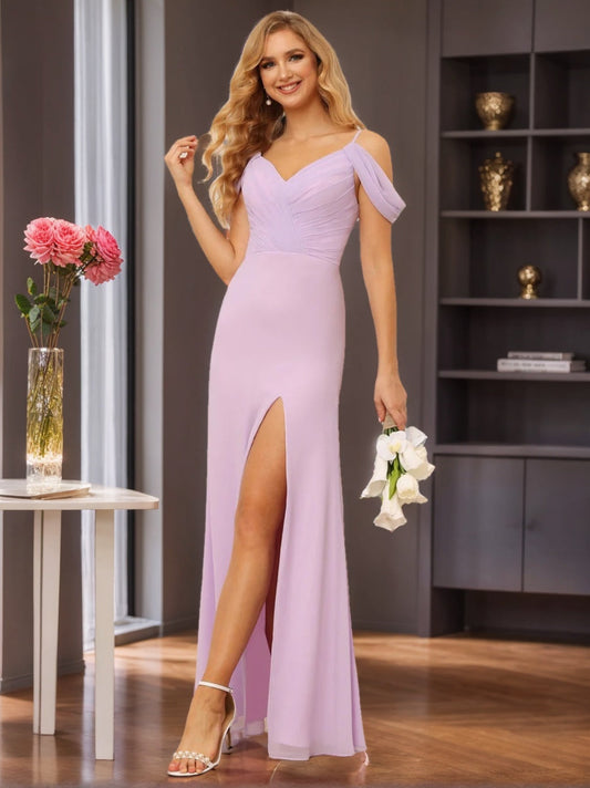 Spaghetti Straps Off-the-Shoulder Floor-Length Bridesmaid Dresses with Split Side