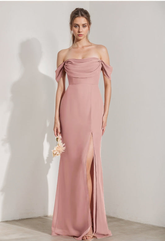 Strapless Sleeveless Floor-Length Bridesmaid Dresses with Split Side & Ruffles
