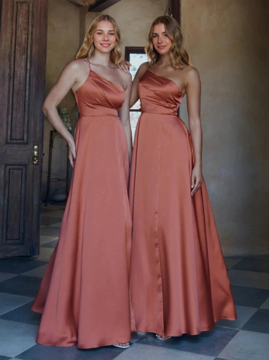 One-Shoulder Sleeveless Floor-Length Silk Satin Bridesmaid Dresses