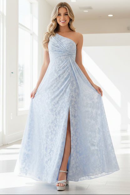 One-Shoulder Sleeveless Floor-Length Bridesmaid Dresses with Split Side & Sash