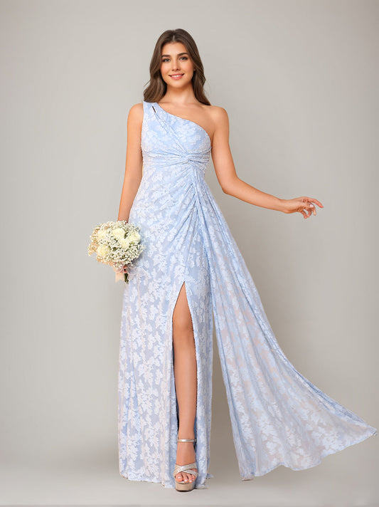 One-Shoulder Sleeveless Floor-Length Bridesmaid Dresses with Split Side & Sash