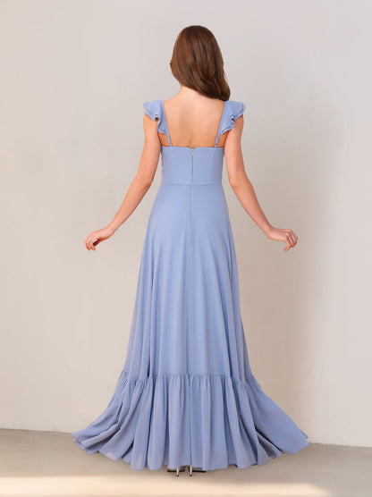 A-Line Sleeveless Floor-Length Bridesmaid Dresses with Ruffles & Split Side