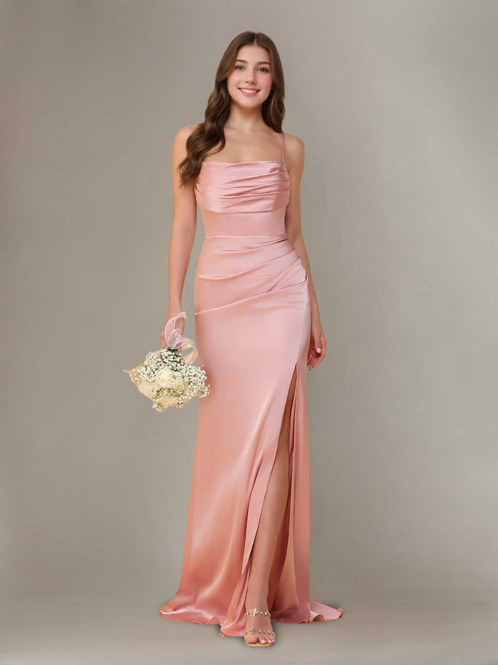 Sleeveless Floor-Length Silk Satin Bridesmaid Dresses with Ruffles & Split Side