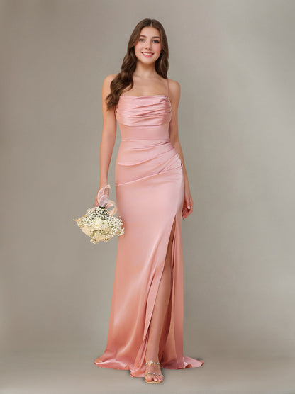 Sleeveless Floor-Length Silk Satin Bridesmaid Dresses with Ruffles & Split Side