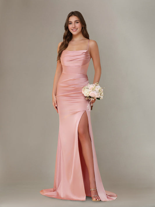 Sleeveless Floor-Length Silk Satin Bridesmaid Dresses with Ruffles & Split Side