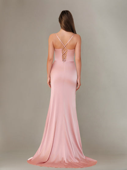 Sleeveless Floor-Length Silk Satin Bridesmaid Dresses with Ruffles & Split Side