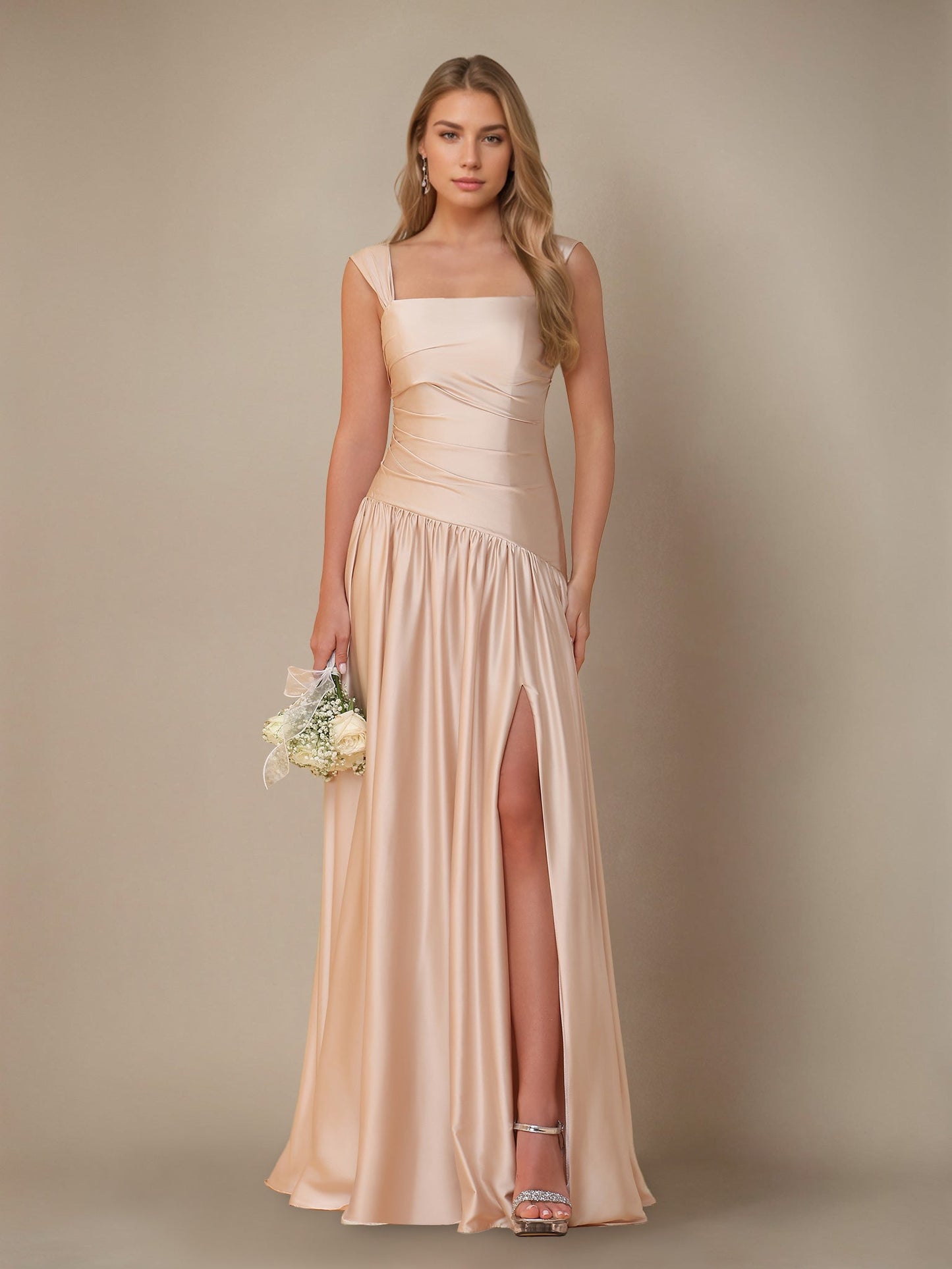 Princess Off-the-Shoulder  Floor-Length Bridesmaid Dresses with Pleated & Split Side