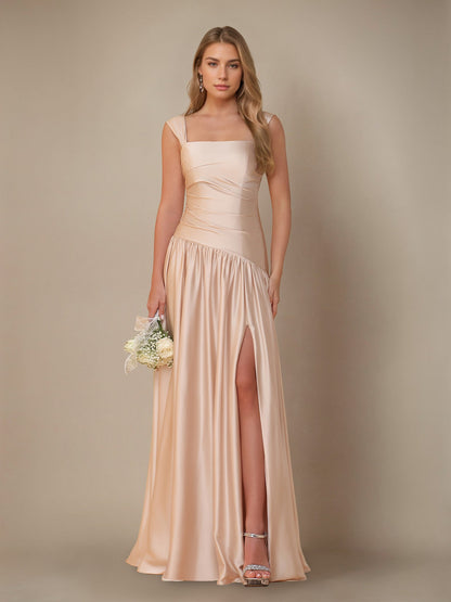 Princess Off-the-Shoulder  Floor-Length Bridesmaid Dresses with Pleated & Split Side