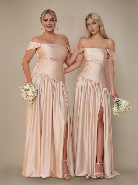 Princess Off-the-Shoulder  Floor-Length Bridesmaid Dresses with Pleated & Split Side