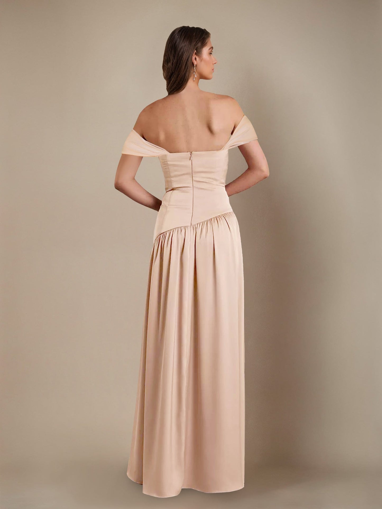 Princess Off-the-Shoulder  Floor-Length Bridesmaid Dresses with Pleated & Split Side