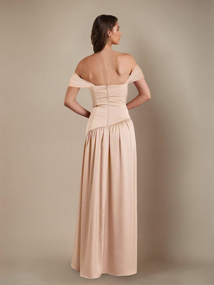 Princess Off-the-Shoulder  Floor-Length Bridesmaid Dresses with Pleated & Split Side