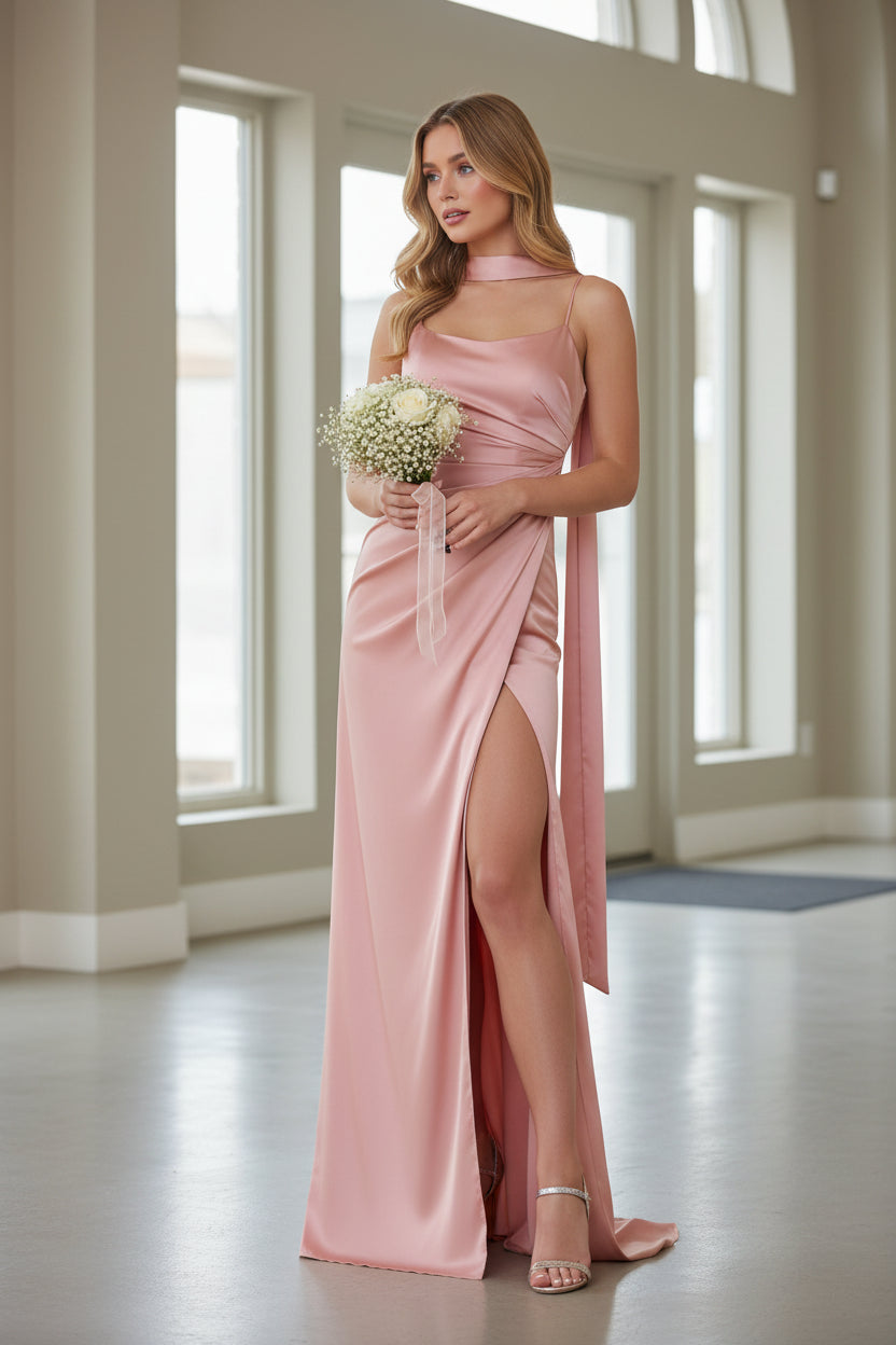 Spaghetti Straps Floor-Length Ruched Bridesmaid Dresses with Neck Scarf & Split Side