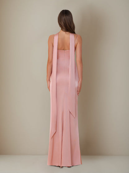 Spaghetti Straps Floor-Length Ruched Bridesmaid Dresses with Neck Scarf & Split Side