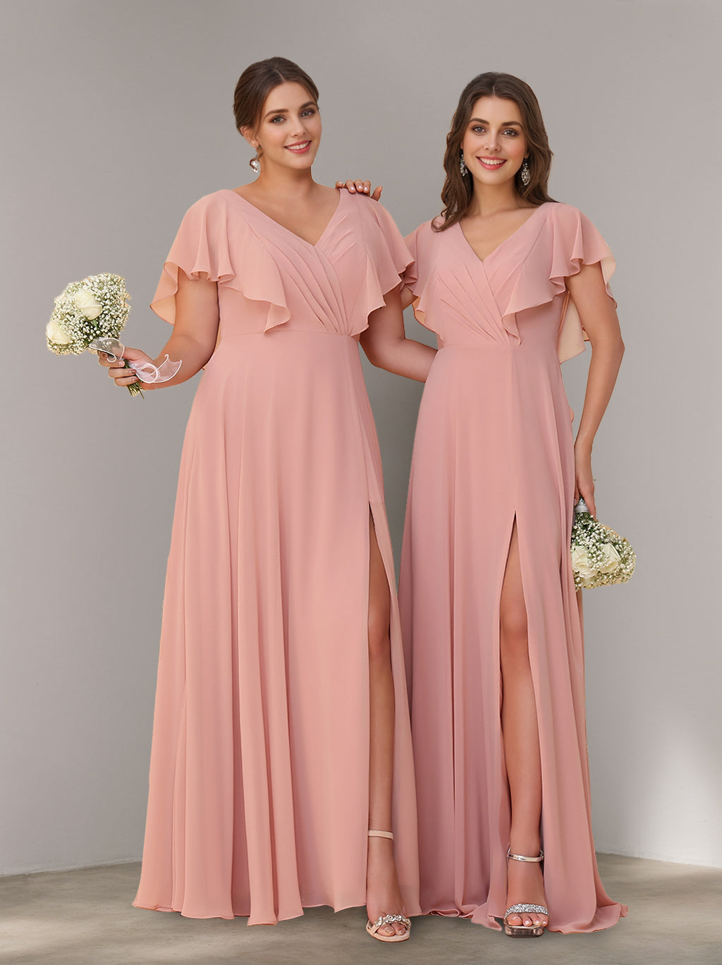 Short Sleeves Chiffon Floor-Length Bridesmaid Dresses with Split Side & Ruched