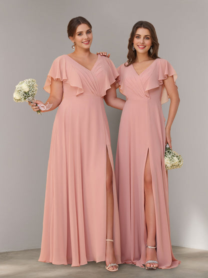 Short Sleeves Chiffon Floor-Length Bridesmaid Dresses with Split Side & Ruched