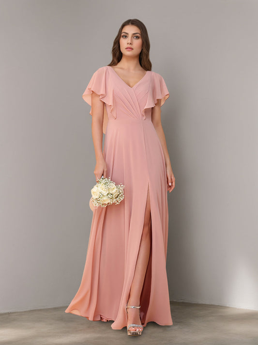 Short Sleeves Chiffon Floor-Length Bridesmaid Dresses with Split Side & Ruched