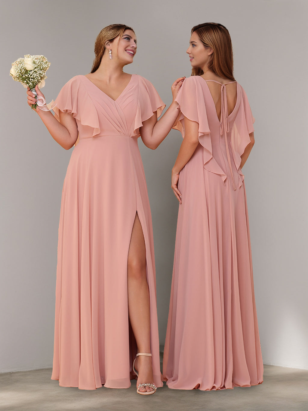 Short Sleeves Chiffon Floor-Length Bridesmaid Dresses with Split Side & Ruched
