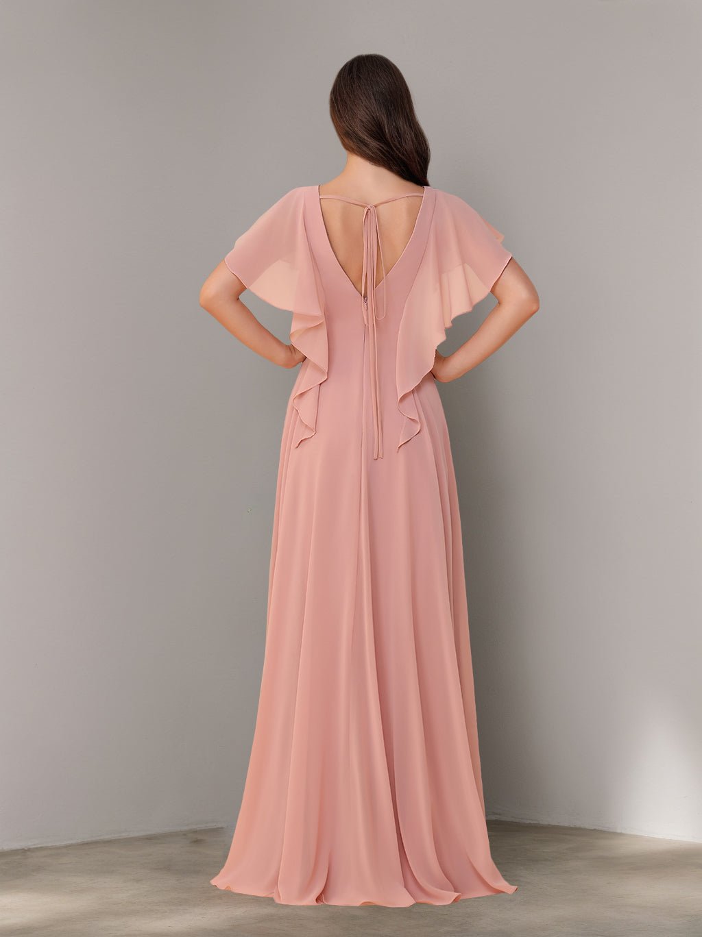 Short Sleeves Chiffon Floor-Length Bridesmaid Dresses with Split Side & Ruched