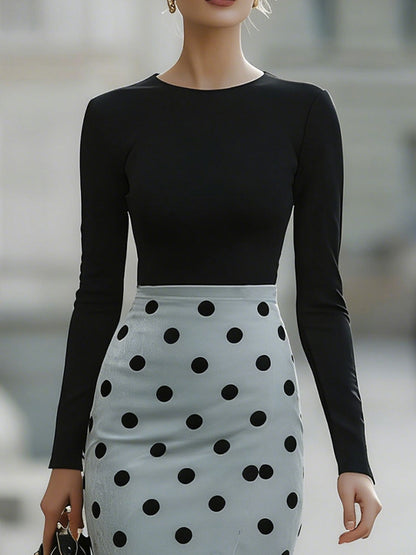 Modern Contrast Black & Polka Dot Bodycon Dress