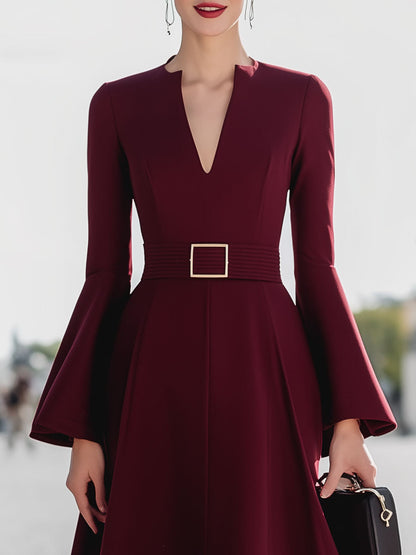 Burgundy V-Neck Bell Sleeve Belted Midi Dress