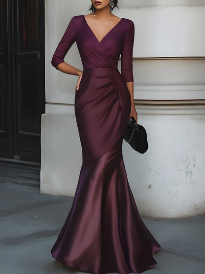 V-Neck Satin Draped Mermaid Evening Dress