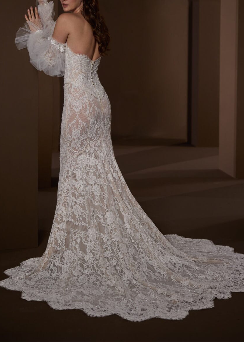 Luxury Bridal Gown: Sheer Lace Fit-and-Flare with Cathedral Train