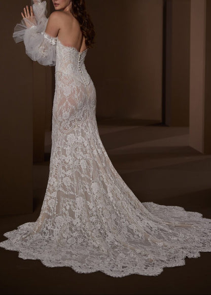 Luxury Bridal Gown: Sheer Lace Fit-and-Flare with Cathedral Train