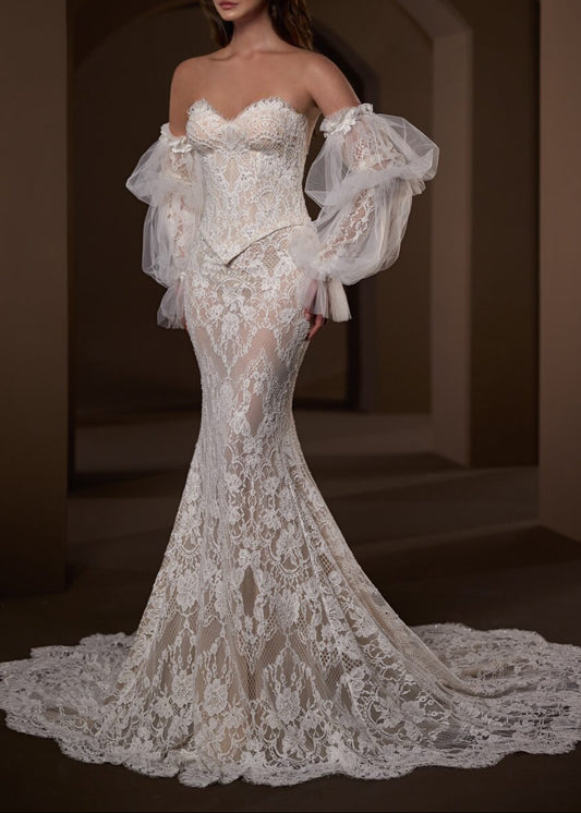 Luxury Bridal Gown: Sheer Lace Fit-and-Flare with Cathedral Train