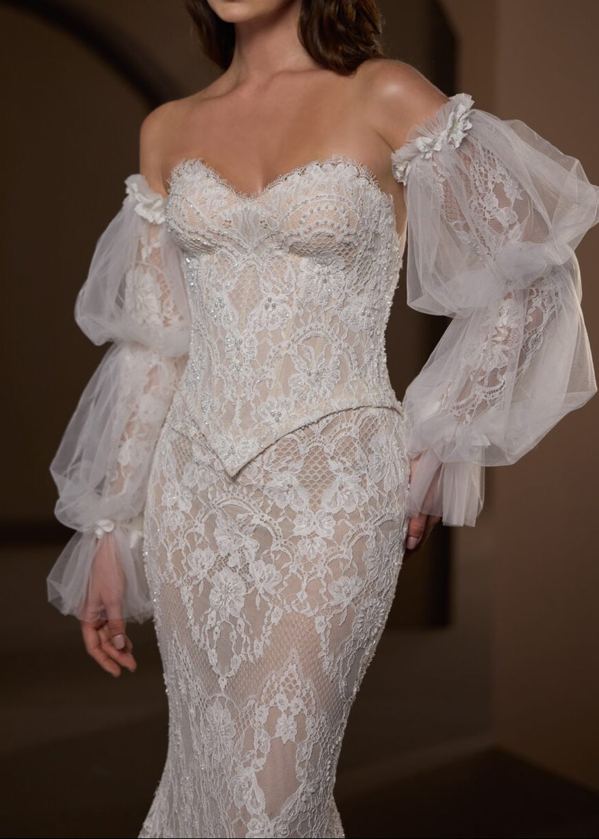 Luxury Bridal Gown: Sheer Lace Fit-and-Flare with Cathedral Train