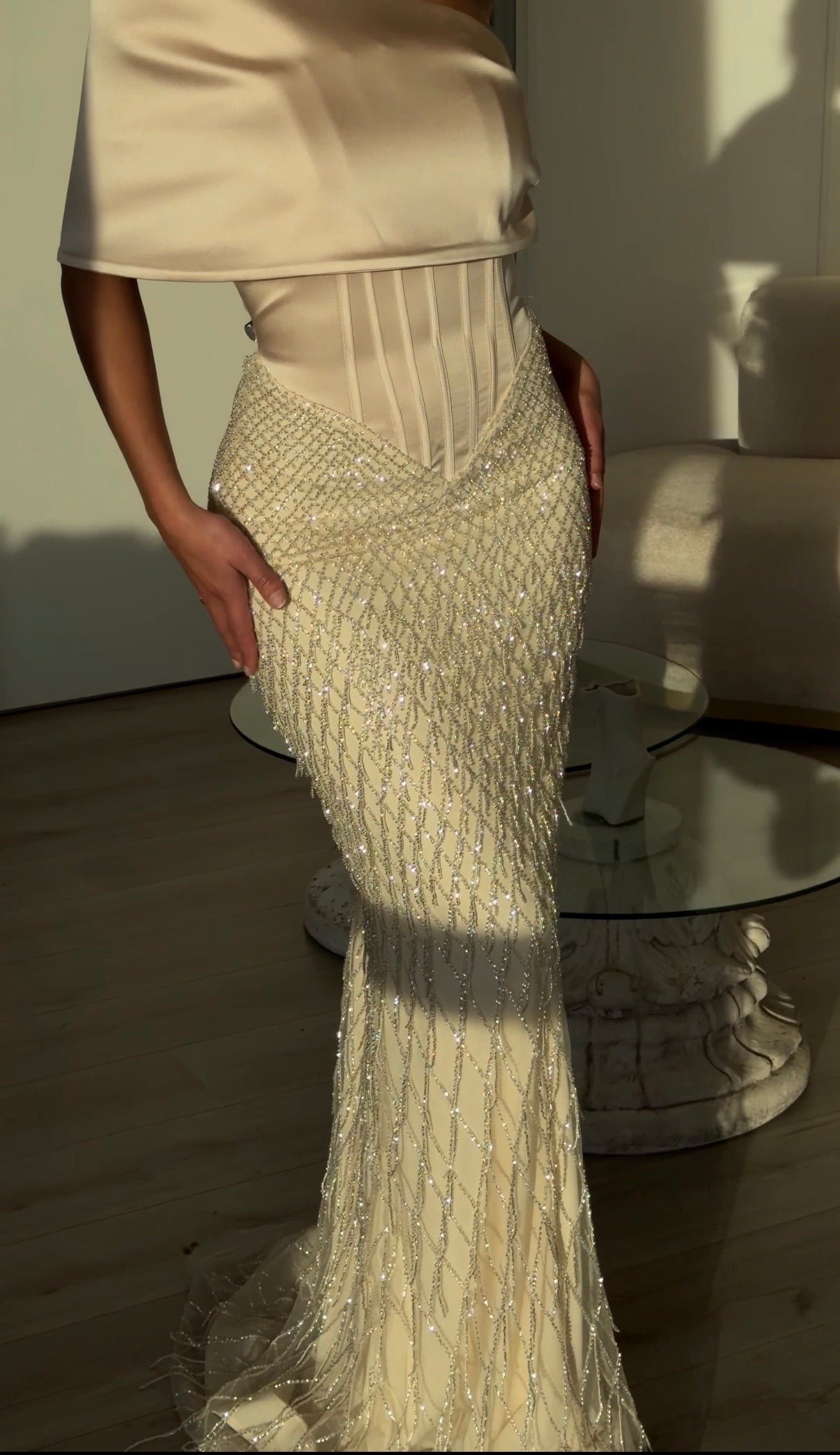 Pearl Beaded Sheer Mesh Mermaid Maxi Skirt with Embroidered Detail